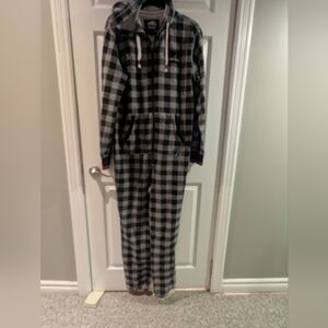Roots Black Grey Plaid  Check Salt and Pepper Adult Onesie Pajamas Lounge Wear